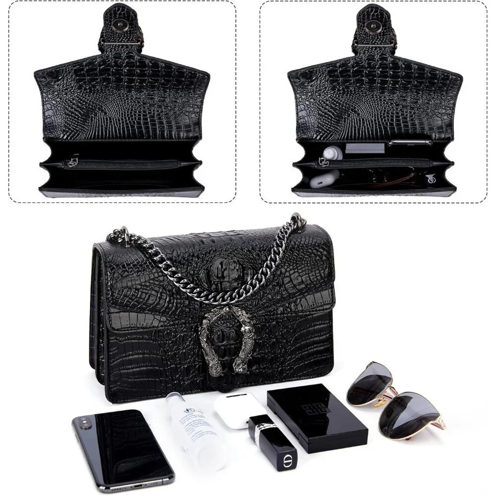 ⚡ Women's Crocodile Black Snake Leather Print Casual Satchel Crossbody Handbag